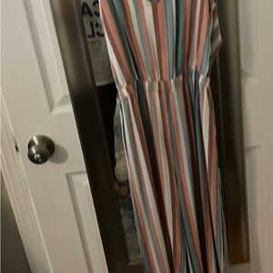 Ann Taylor Sleeveless Vertical Striped Jumpsuit in Blue, Pink, Cream, and Tan